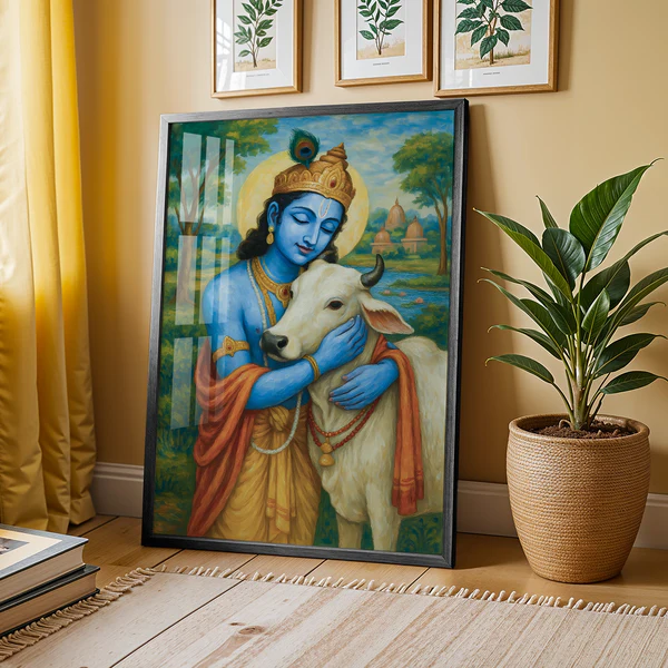 Krishna and Cow Vrindavan Painting – 14 x 21 Inch